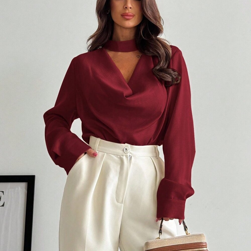 Burgundy Minimalist Women's 0vowl neck Long Sleeve Shirt - Picture 5 of 7